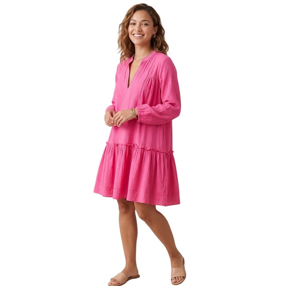 Pomander Place Fuchsia Crinkle Gauze Tunic Dress Coastal Grandmother EUC Size S